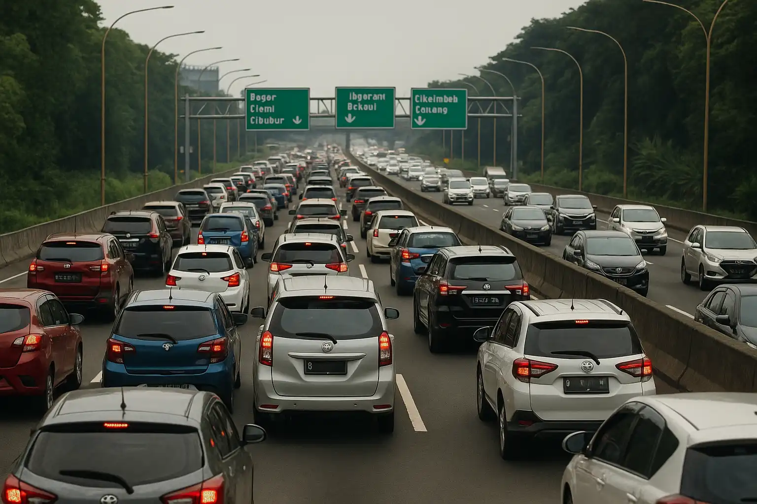 Ilustrasi jalan tol dipadati kendaraan pribadi yang hendak pergi berlibur.