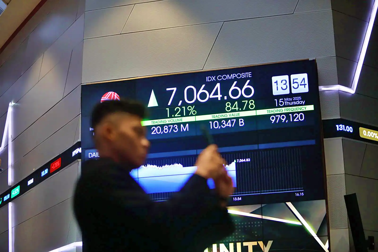 Aktivitas di depan papan pantau Indeks Harga Saham Gabungan (IHSG), yang tengah menunjukkan warna hijau, di Bursa Efek Indonesia (BEI), Kamis, 15 Mei 2025. (Foto: KabarBursa/Abbas Sandji)