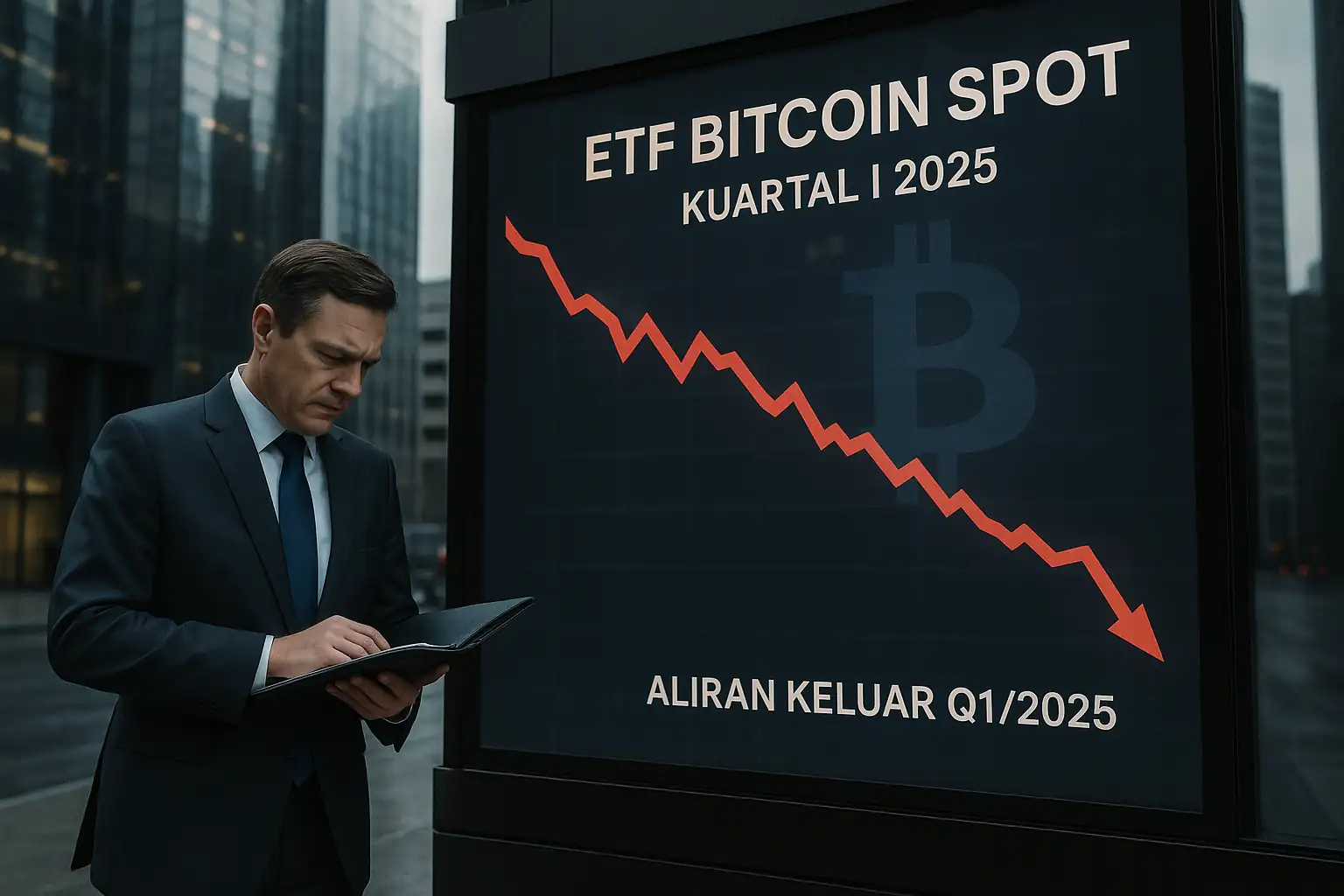 Institusi global kurangi ETF Bitcoin spot usai koreksi harga. Investor Indonesia ikut panik? Teori herding beri sinyal penting. Gambar dibuat oleh AI untuk KabarBursa.com.