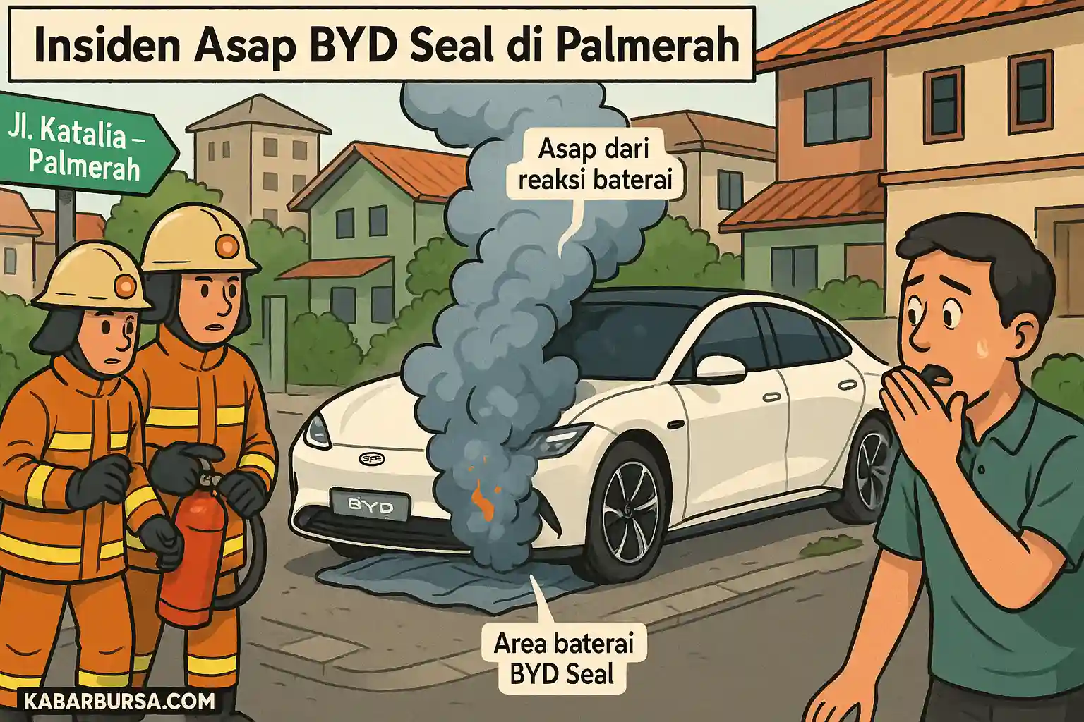 Ilustrasi insiden mobil listrik BYD yang berasap di Palmerah, Jakarta Barat. Foto dibuat oleh AI untuk KabarBursa.com