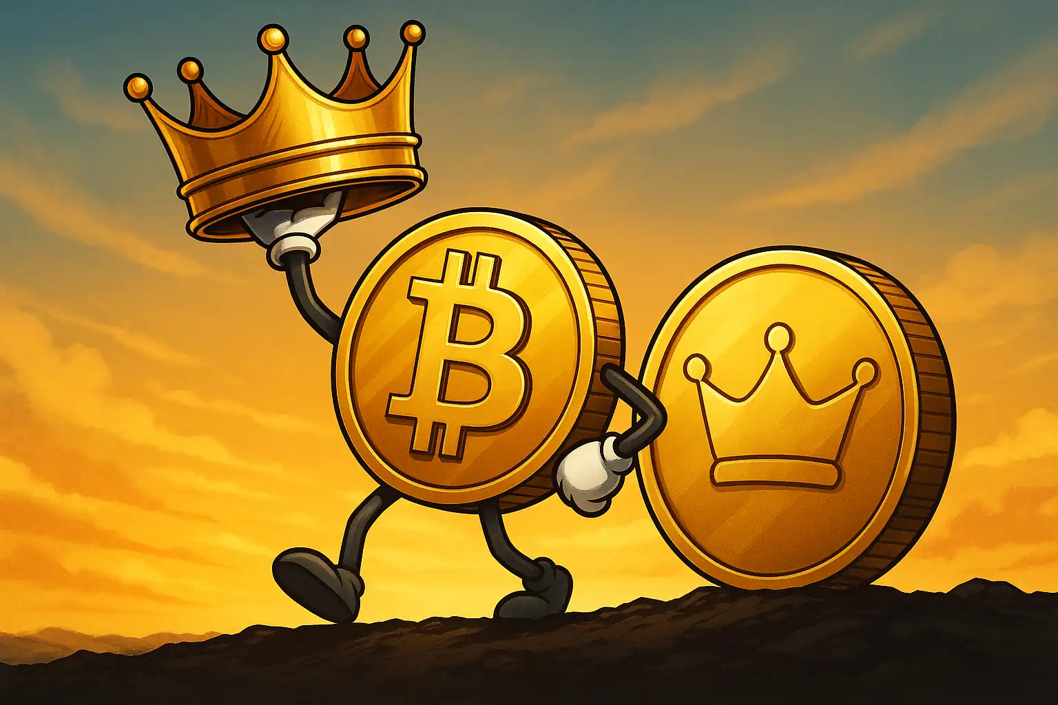 Ilustrasi bitcoin yang siap mengambil mahkota dari emas sebagai aset safe haven.