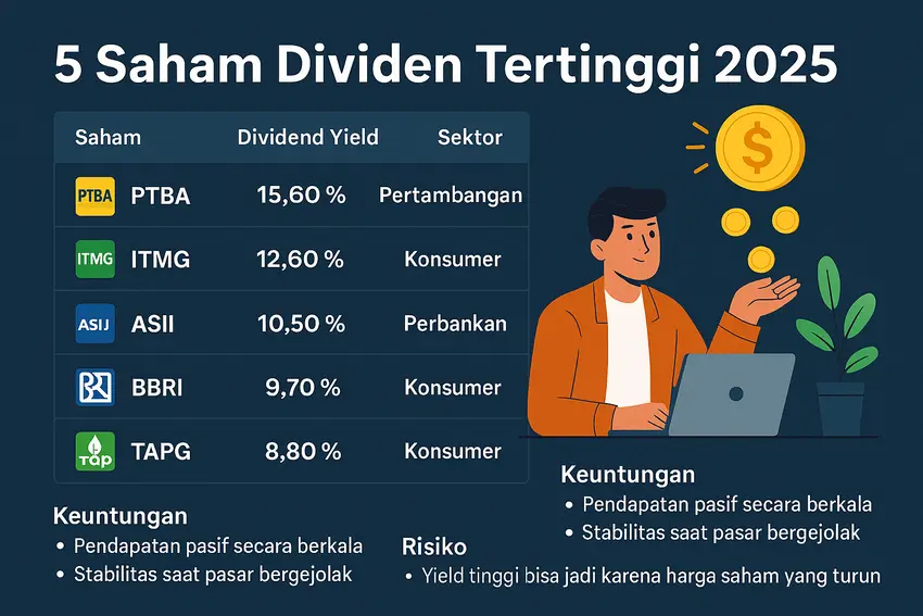 Intip 5 saham dengan dividen terbesar 2025. Temukan potensi passive income tinggi dari emiten terbaik seperti PTBA, ITMG, BBRI, ASII, hingga TAPG