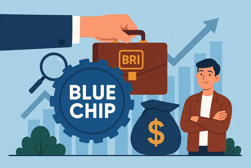 nfografis saham BBRI sebagai bluechip Indonesia tahun 2025, menampilkan kapitalisasi pasar, indeks LQ45, IDX30, dan rasio keuangan utama