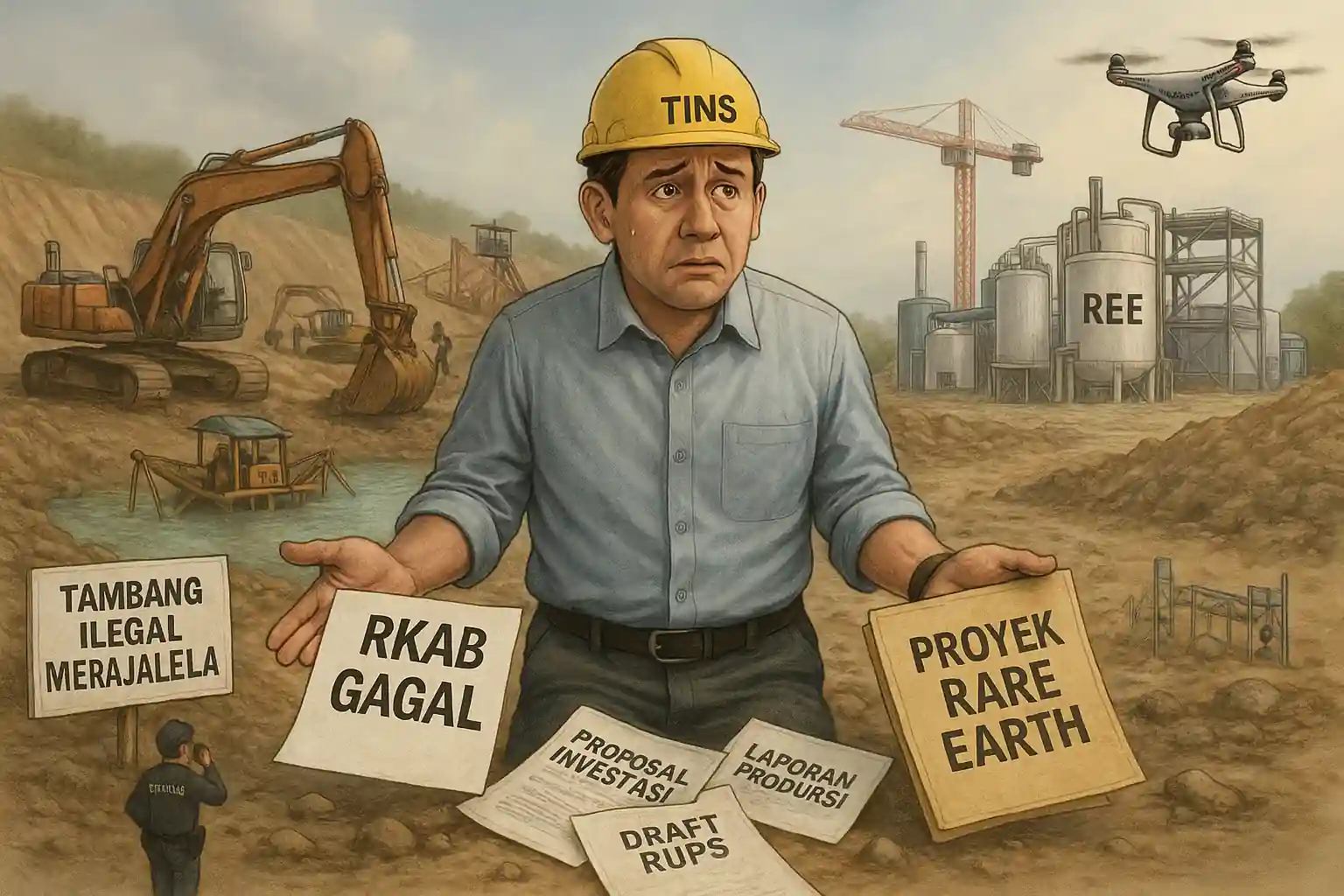 TINS ditekan tambang ilegal, tapi punya asa di hilirisasi rare earth dan tin solder. Bagaimana prospeknya? Gambar dibuat oleh AI untuk KabarBursa.com.