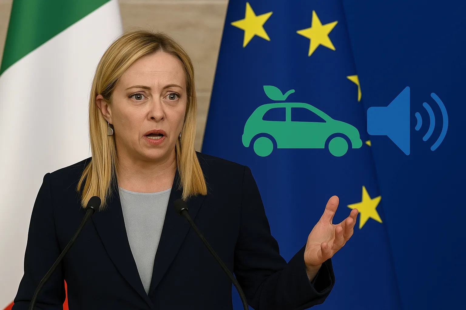 Ilustrasi PM Italia Giorgia Meloni berbicara tentang transisi hijau di Uni Eropa.