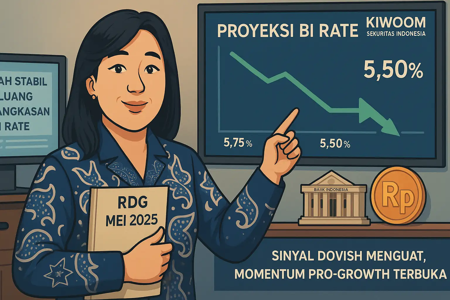 BI diprediksi memangkas suku bunga ke 5,50 persen pada Mei 2025. Riset Kiwoom menyebut stabilnya rupiah dan sentimen global sebagai ruang pelonggaran moneter. Gambar dibuat oleh AI untuk KabarBursa.com.