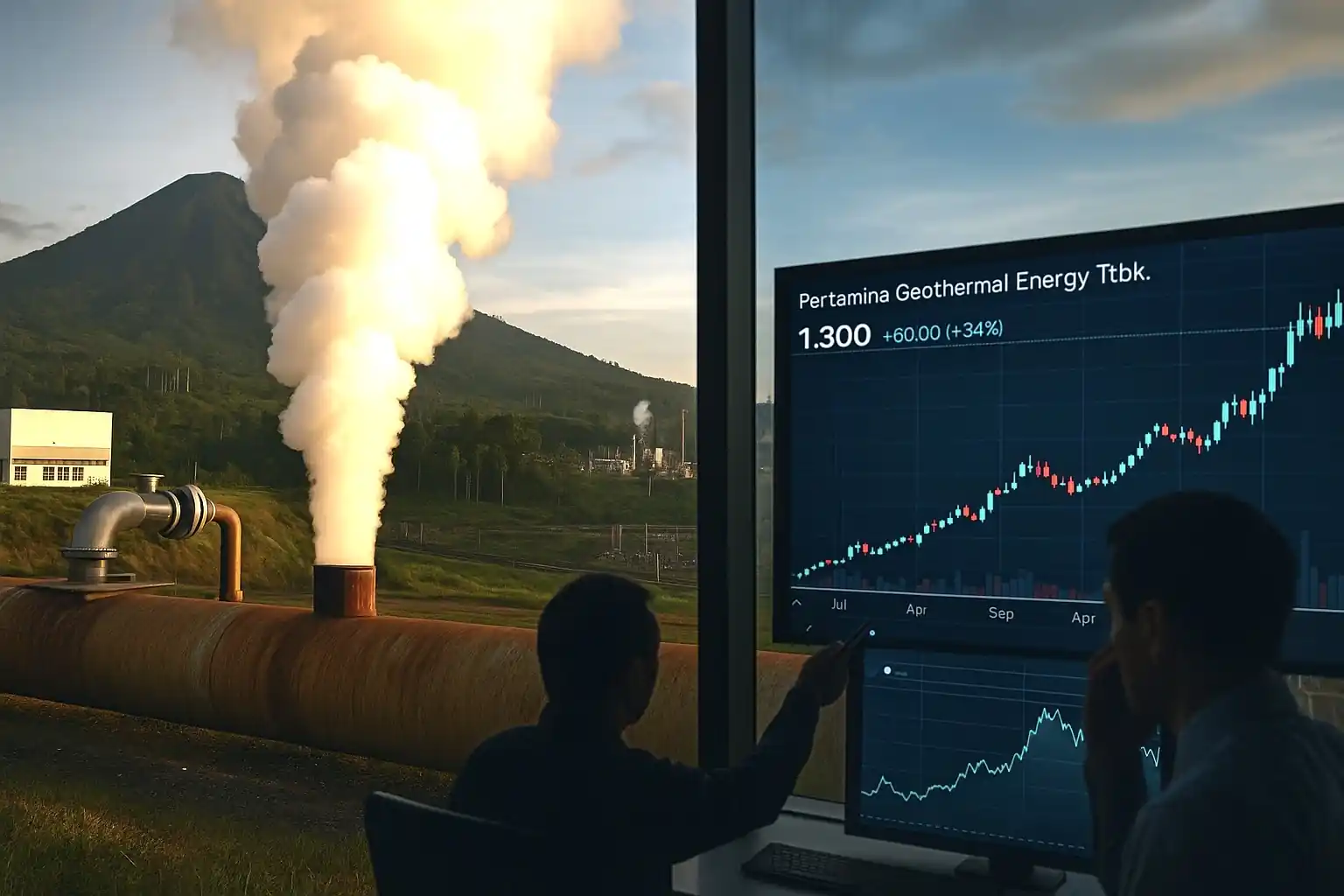 Dari balik jendela geothermal, harga PGEO menanjak di layar bursa. Tapi panasnya pasar kadang datang sebelum tenaga benar-benar siap. Gambar dibuat oleh AI untu