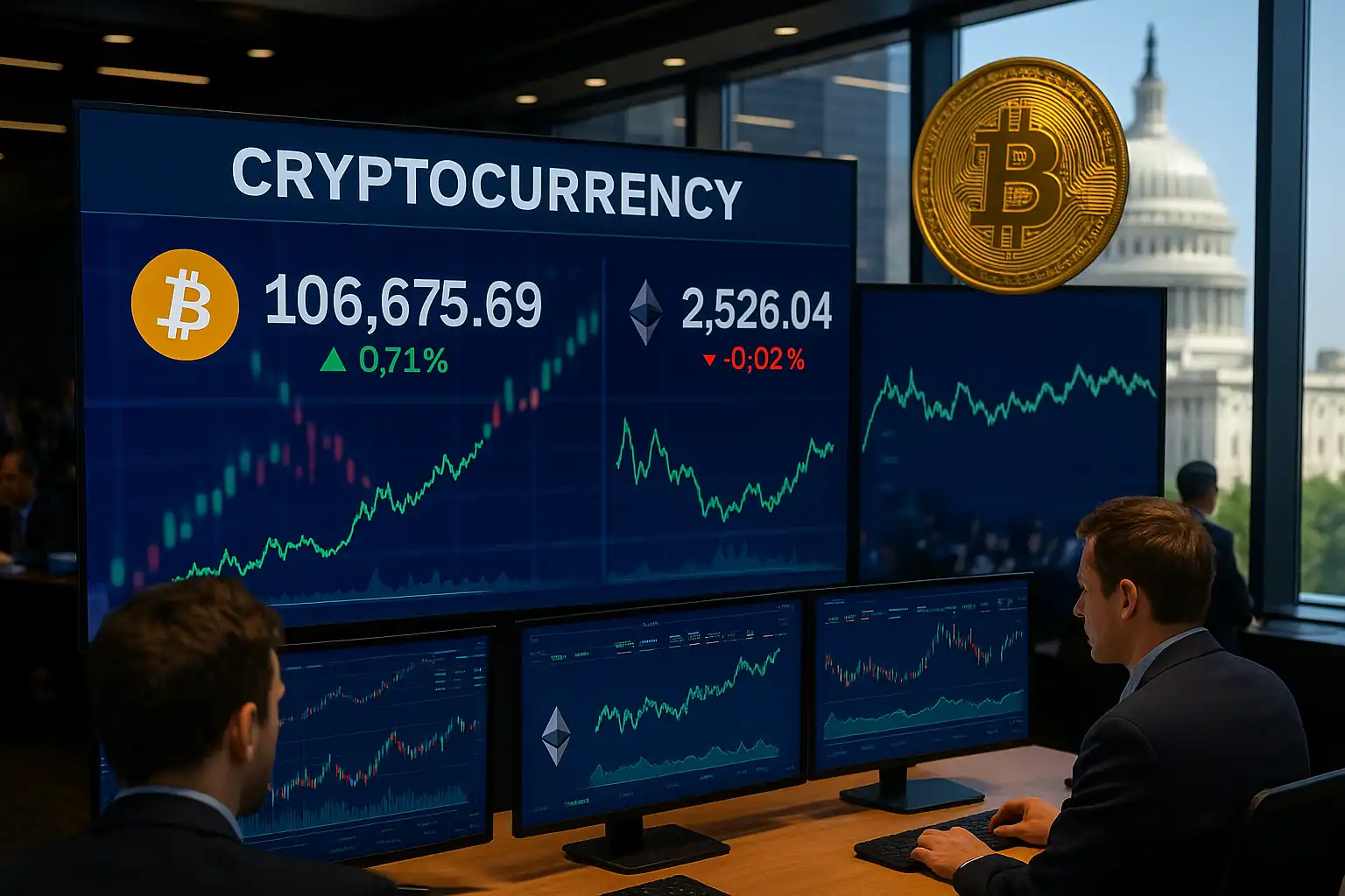 Kapitalisasi pasar kripto naik ke USD3,36 triliun. Bitcoin stabil di USD106.675. Investor waspada menanti RUU stablecoin dari Kongres AS. Gambar dibuat oleh AI untuk KabarBursa.com.