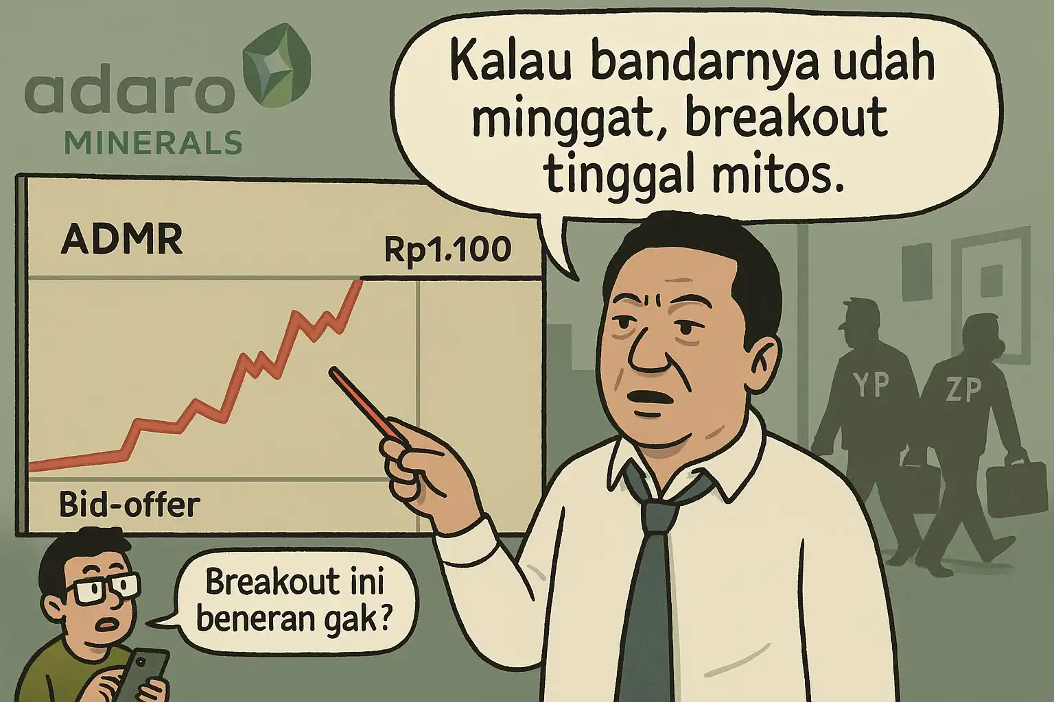 ADMR naik 21 persen dalam sepekan dan nyaris breakout. Tapi tekanan jual mulai muncul dari broker besar. Gambar dibuat oleh AI dan dikurasi KabarBursa.com.