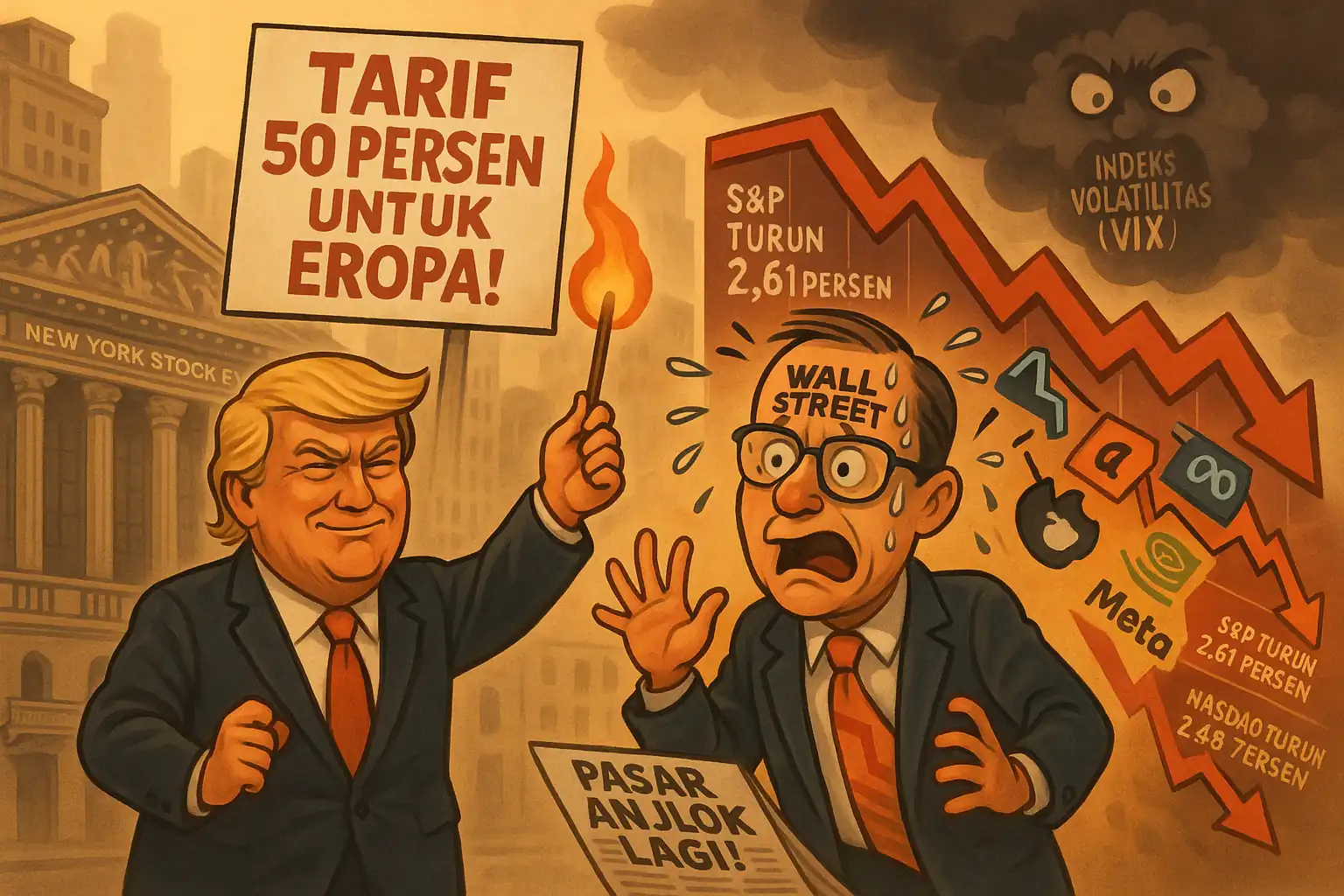 Wall Street koreksi lebih dari dua persen dalam sepekan setelah Trump ancam tarif baru untuk produk Eropa dan peringatkan Apple soal iPhone buatan luar negeri. Gambar dibuat oleh AI untuk KabarBursa.com.