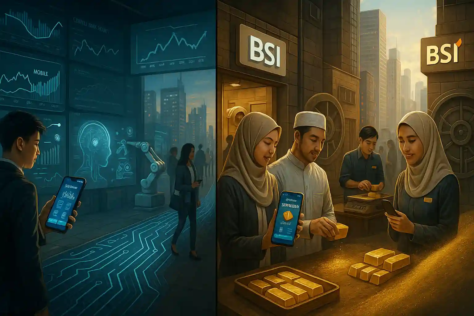 Ilustrasi menguji strategi digitalisasi Bank BCA dan Strategi Bank Emas BSI. Foto dibuat oleh AI untuk KabarBursa.com