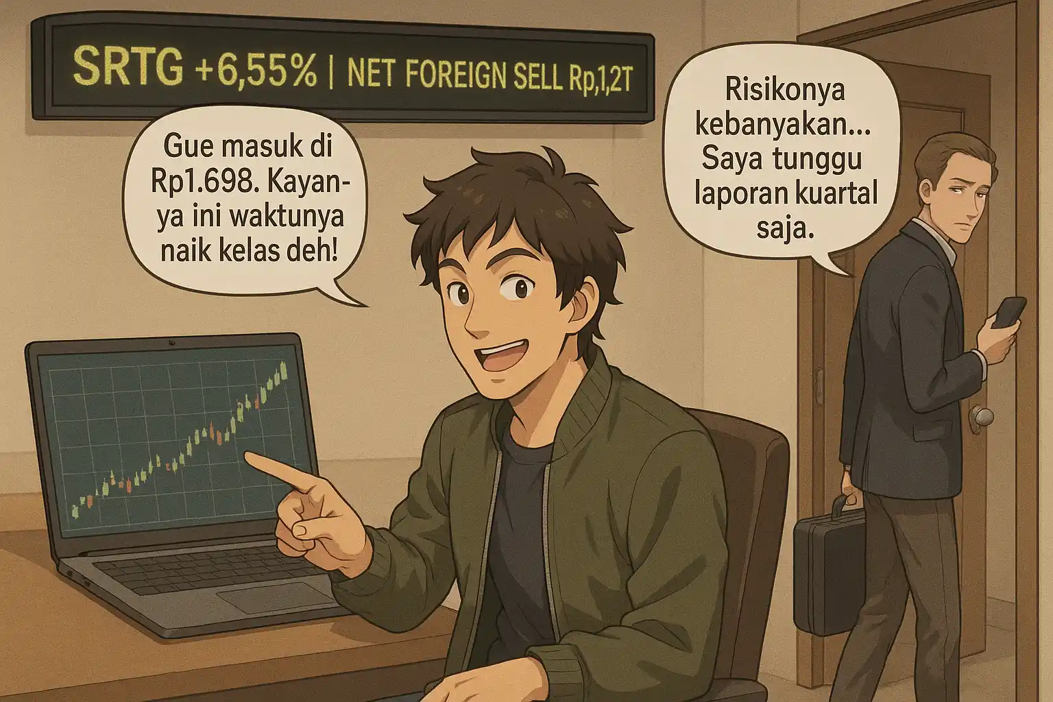 Harga saham SRTG naik lebih dari 6 persen, tapi asing justru keluar. Apakah strategi diversifikasi Saratoga cukup kuat menahan tekanan komoditas? Gambar dibuat