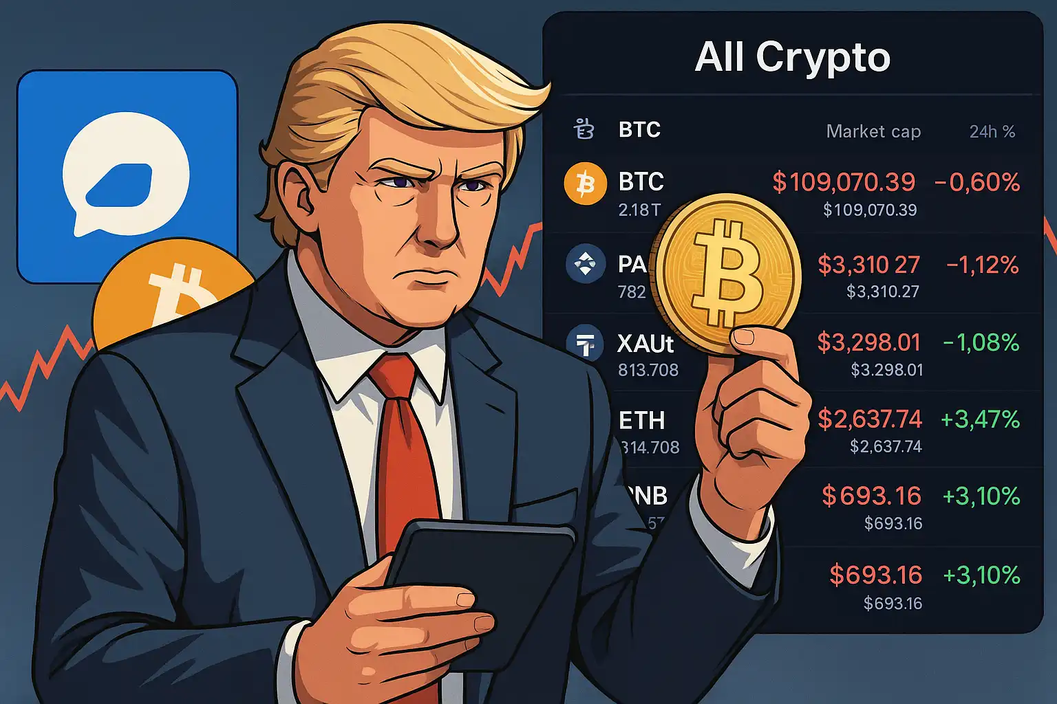 Trump Media kumpulkan USD2,5 miliar untuk beli bitcoin. Langkah besar ke sektor keuangan digital, meski pasar kripto sedang naik-turun. Gambar dibuat oleh AI untuk KabarBursa.com.