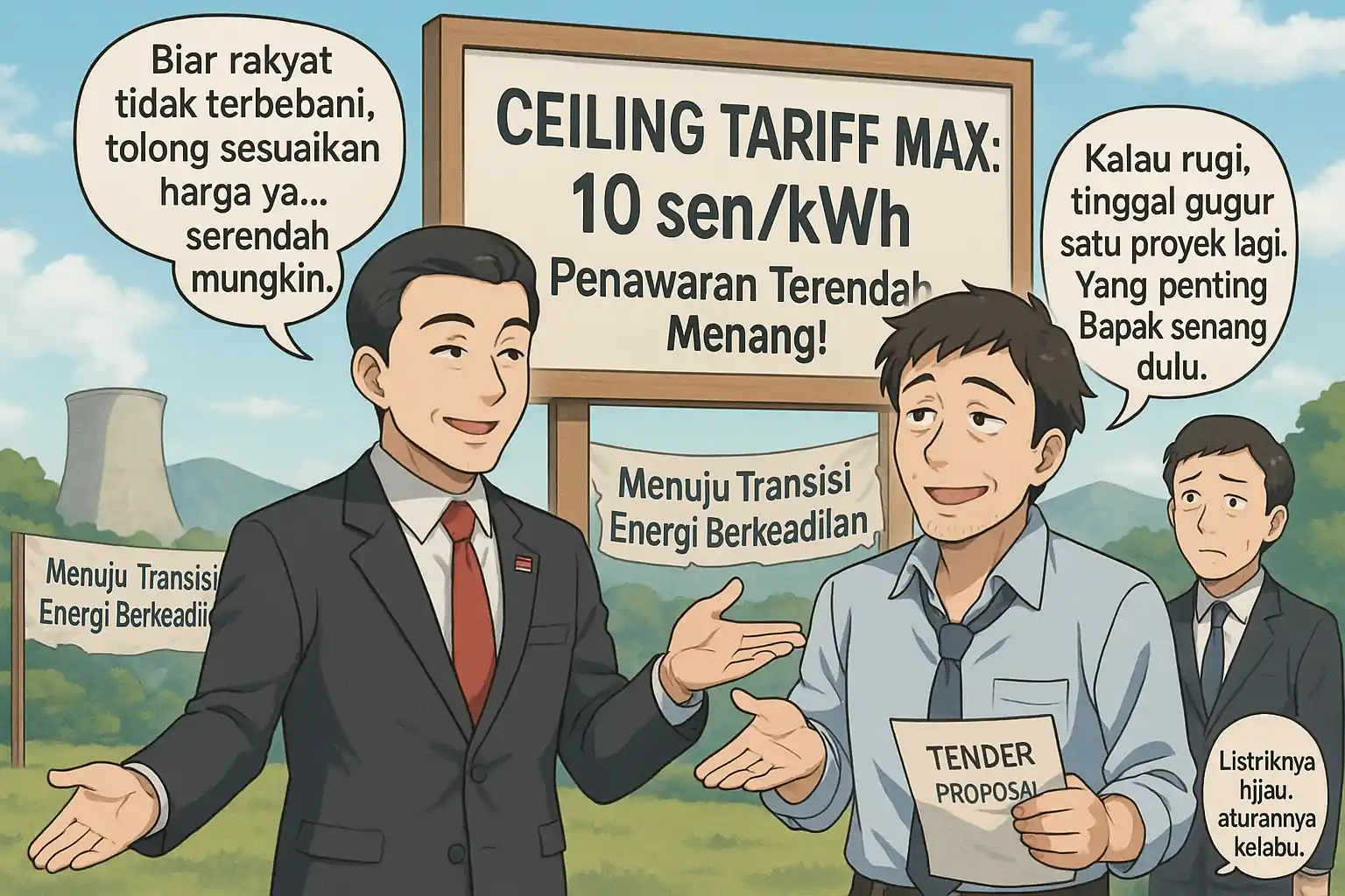 Aturan ceiling tariff justru menekan profit proyek energi terbarukan. Pengusaha terjepit, investor minggir, saham emiten EBT makin suram. Gambar dibuat oleh AI