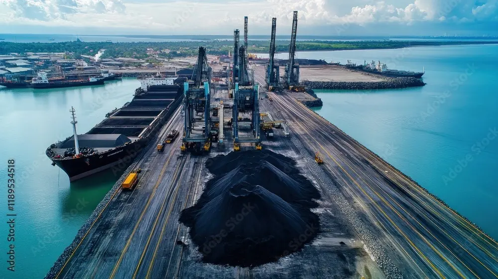 Kegiatan pelabuhan industri, bongkar muat batubara atau batu bara di Indonesia, Balikpapan Coal Terminal, Bayan Group, Balikpapan, Kalimantan Timur, IKN Nusantara, Indonesia. (Foto: Adobe Stock)