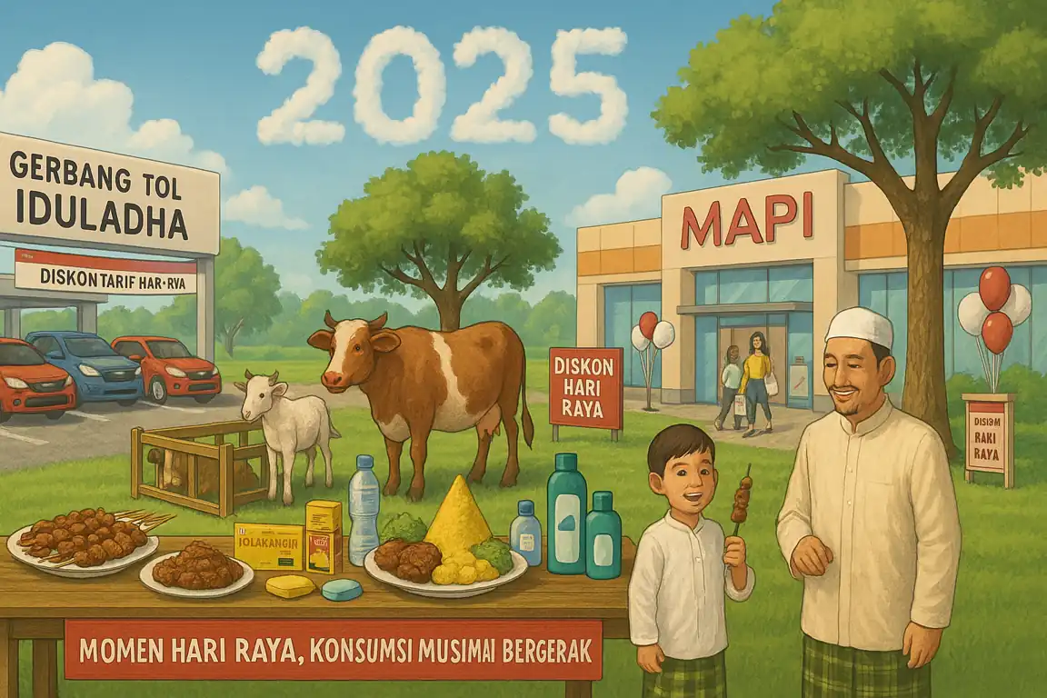 Momen Iduladha memberi dorongan konsumsi musiman di sektor transportasi, makanan, farmasi, personal care, dan ritel, meski daya beli masih tertekan. Gambar dibuat oleh AI untuk KabarBursa.com.