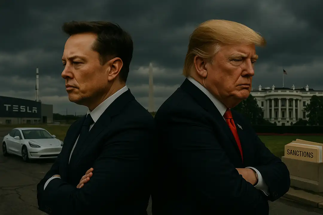 Konflik Elon Musk dan Donald Trump mengancam bisnis Tesla, dari proyek mobil otonom, kontrak SpaceX-NASA, hingga izin Starlink di negara berkembang. Gambar dibuat oleh AI untuk KabarBursa.com.