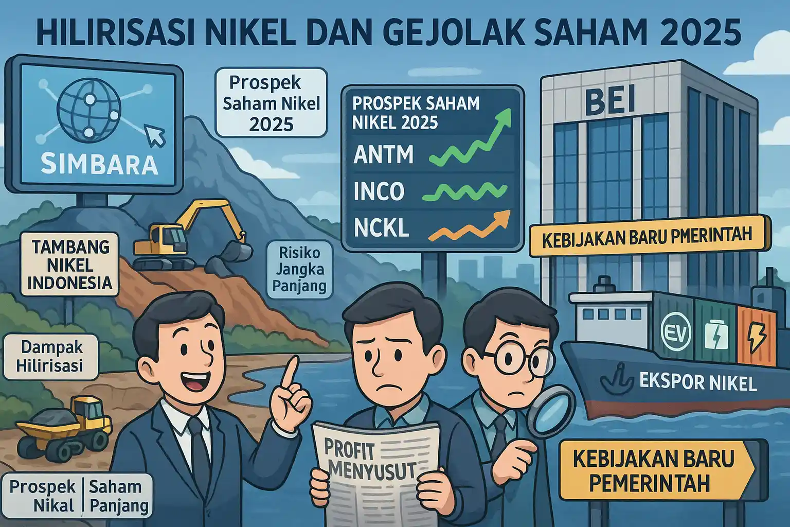 Ilustrasi dampak hilirisasi nikel terhadap saham ANTM, NCKL dan INCO. Foto dibuat oleh AI untuk KabarBursa.com.