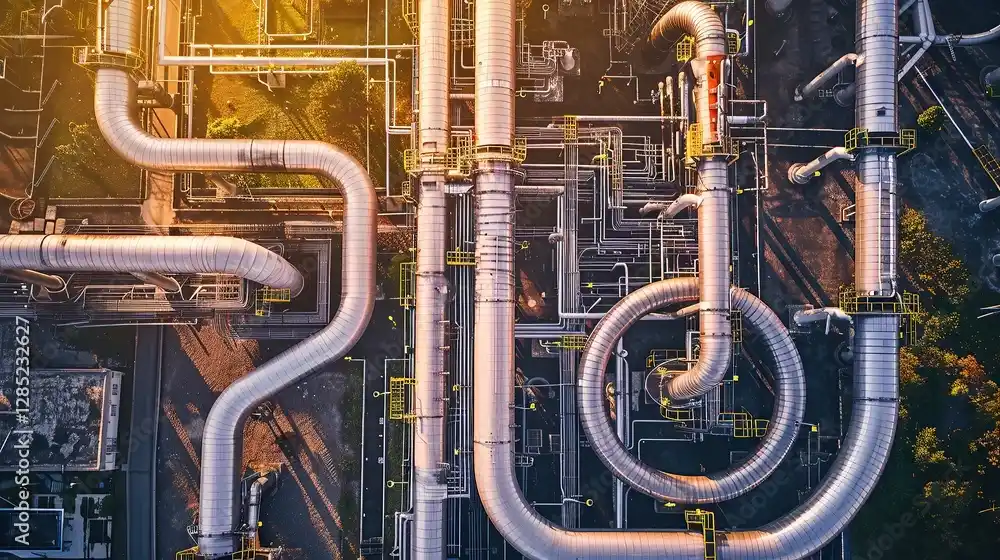 Tampilan atas pipa industri dan rak pipa untuk pabrik industri minyak bumi, kimia, dan hidrogen. (Foto: Adobe Stock)