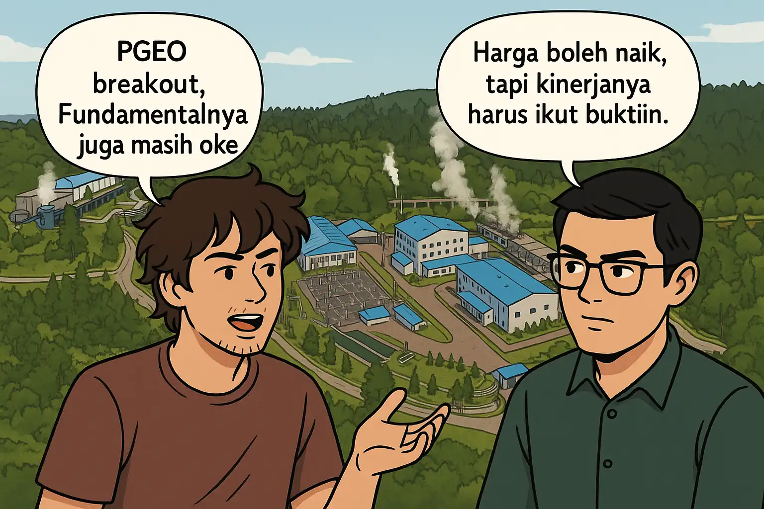 Saham PGEO reli melampaui 15 persen seminggu terakhir. Valuasi premium memicu debat, masih layak beli atau tidak? Gambar dibuat oleh AI untuk KabarBursa.com.