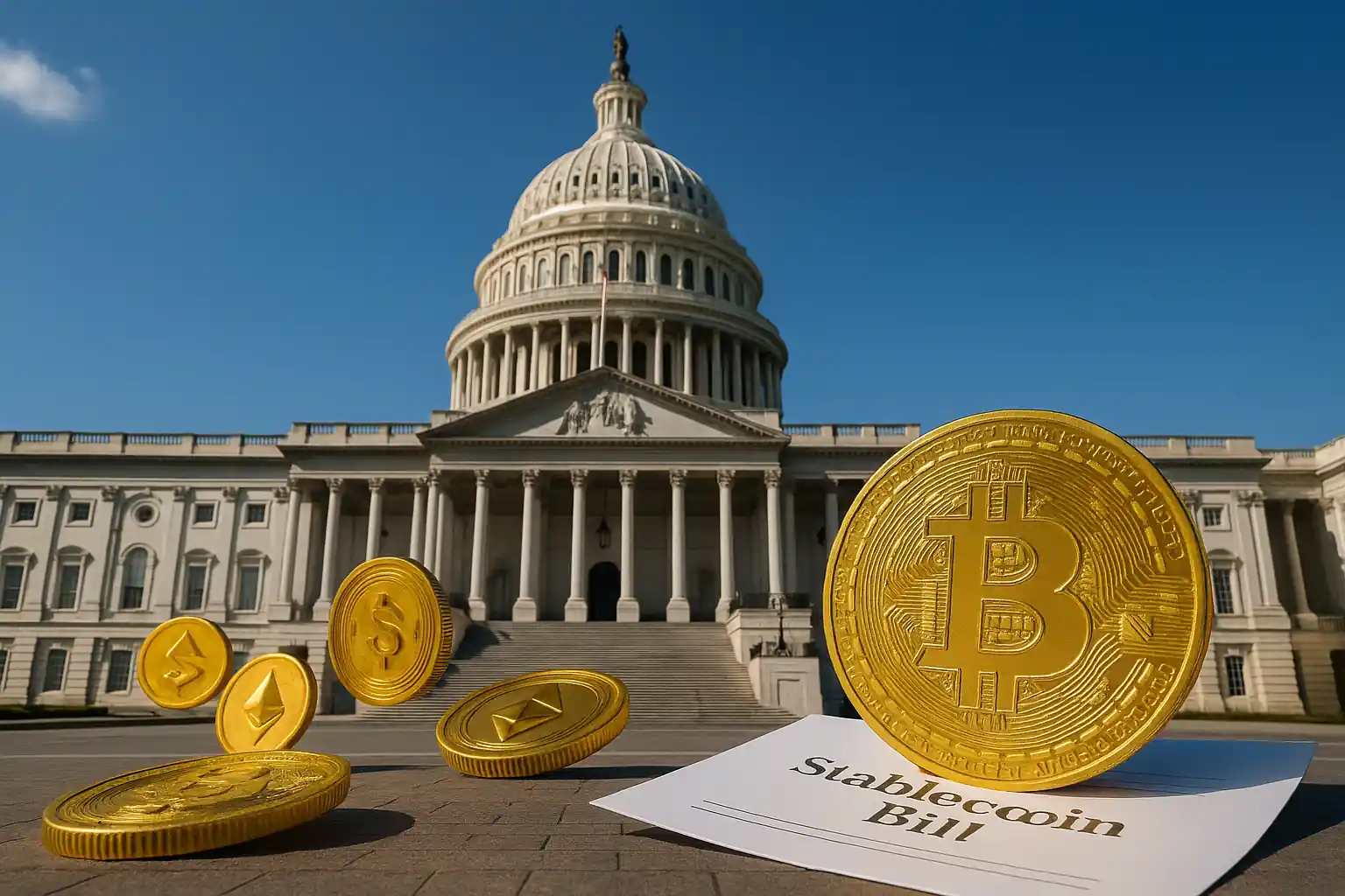 Senat AS meloloskan RUU Stablecoin yang jadi landasan hukum pertama bagi aset kripto, industri rayakan momen historis sambil hadapi kritik politik. Gambar dibuat oleh AI untuk KabarBursa,com.