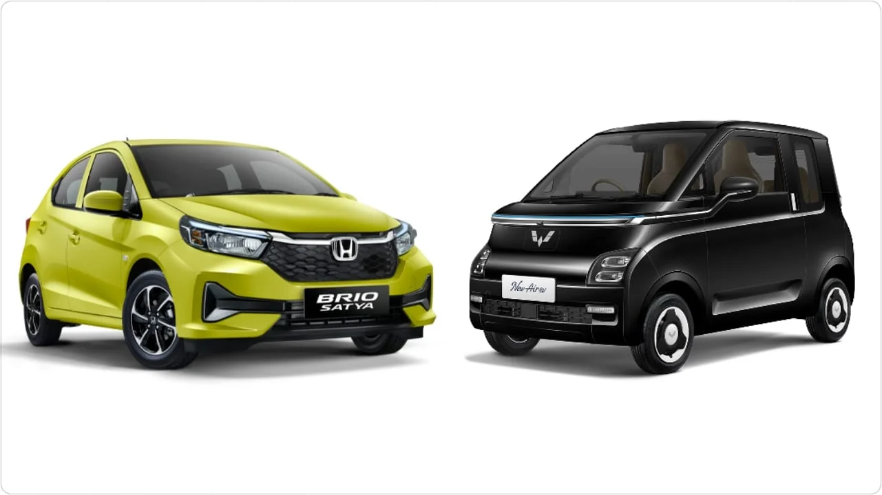 Komparasi Honda Brio vs Wuling New Air ev, perbadingan mobil listrik melawan mesin bensin. Foto: dok. HPM dan Wuling.