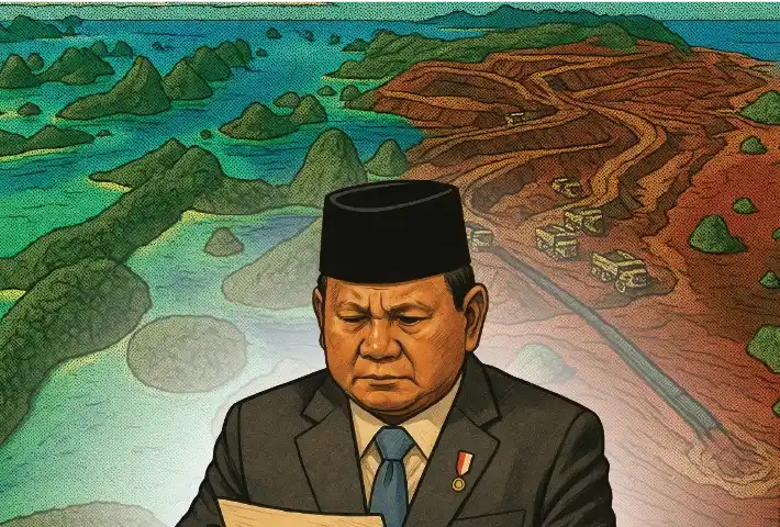 Raja Ampat terancam tambang. Izin lama diaktifkan, ekologi terguncang, adat dilangkahi. Pencabutan IUP jadi awal, bukan akhir perjuangan. Ilustrasi oleh Andrew BernadAkrobat Tambang di Raja Ampat   Raja Ampat dikenal dunia bukan karena hasil tambangnya, melainkan karena keindahan bentang alam yang menjadikannya ikon konservasi laut tropis. Surga karst, terumbu karang kelas dunia, dan kekayaan biodiversitas yang nyaris tak tertandingi menjadikan wilayah ini laboratorium alam dan kebanggaan Indone
