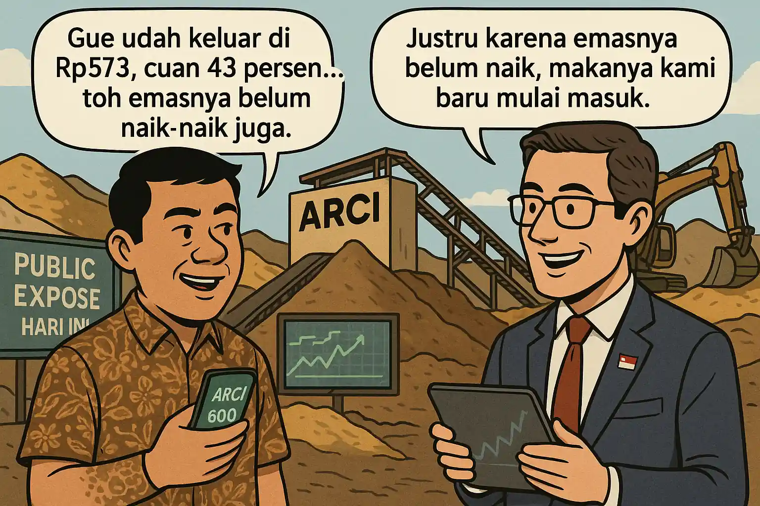 ARCI naik 11,11 persen ke Rp600. Asing masuk lewat CGS dan UOB, sementara lokal profit taking. Temuan emas baru dan eksplorasi picu sentimen positif. Gambar dib