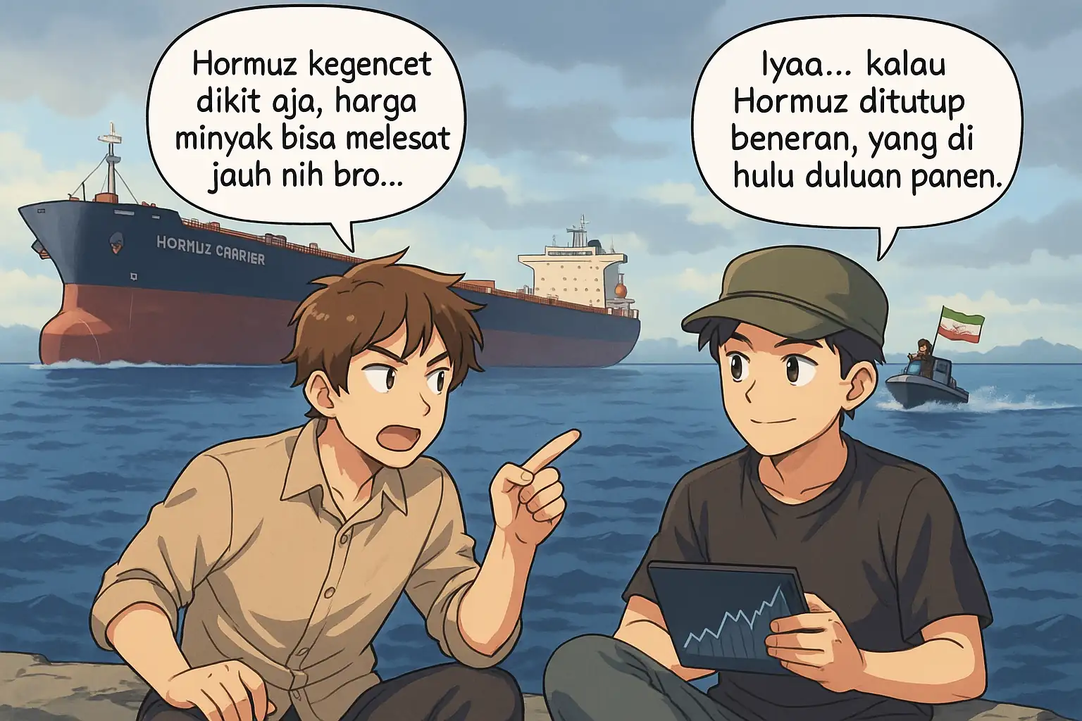 Harga Brent naik akibat risiko Hormuz. Saham ENRG dan MEDC langsung melonjak, sementara ELSA bergerak hati-hati menanti giliran. Gambar dibuat oleh AI untuk Kab