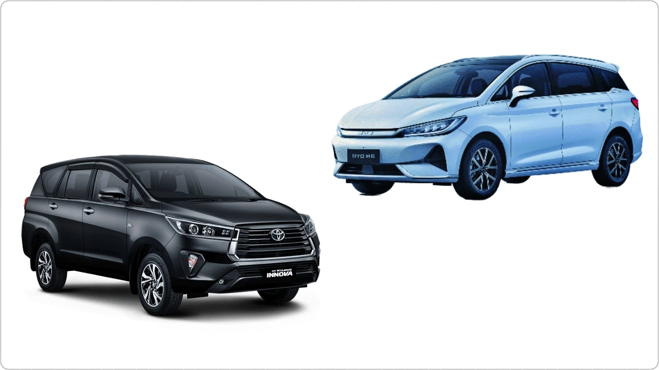 Komparasi Toyota Kijang Innova Reborn melawan BYD M6, pertarungan MPV listrik vs mesin konvensional harga mulai Rp380 jutaan. (Foto: Dok. TAM dan BYD)