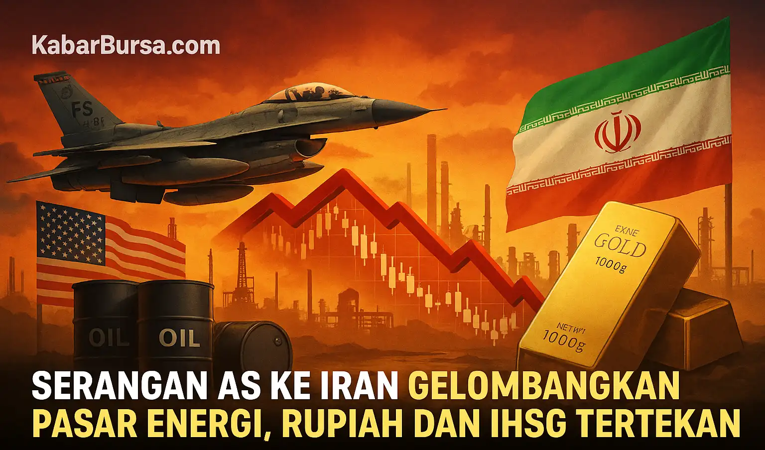 Ilustrasi dampak serangan AS ke Iran yang mengakibatkan tekanan terhadap saham. Gambar dibuat oleh AI untuk KabarBursa.com.
