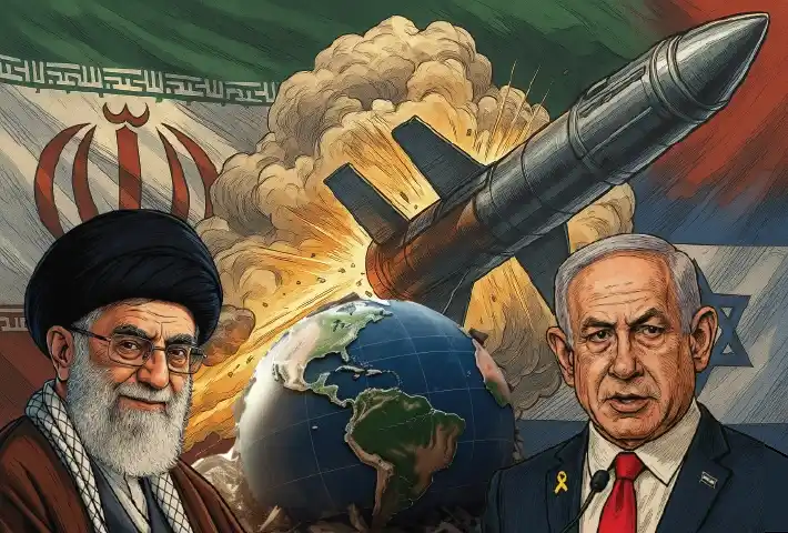 Ketegangan Memuncak: Ilustrasi simbolis konflik Iran–Israel 2025 yang mengguncang dunia, membawa ancaman perang global dan krisis geopolitik meluas