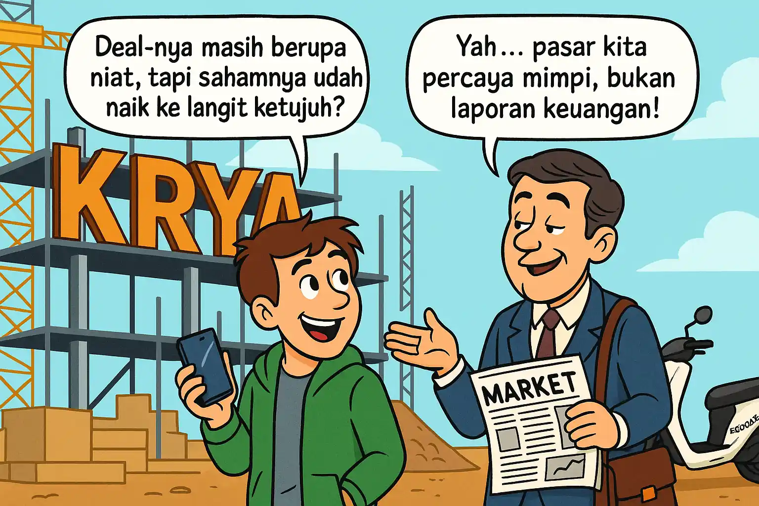 Saham KRYA terbang berkat LoI akuisisi. Tapi struktur konsorsium, dana, dan proses due diligence masih kabur—valuasi rentan koreksi. Gambar dibuat oleh AI untuk