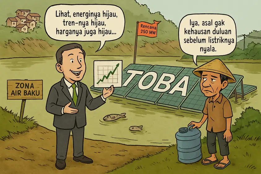 Reli TOBA dipacu akumulasi asing dan proyek PLTS Batam. Risiko AMDAL serta sinyal jenuh beli bisa jadi rem mendadak bagi investor. Gambar dibuat oleh AI untuk K