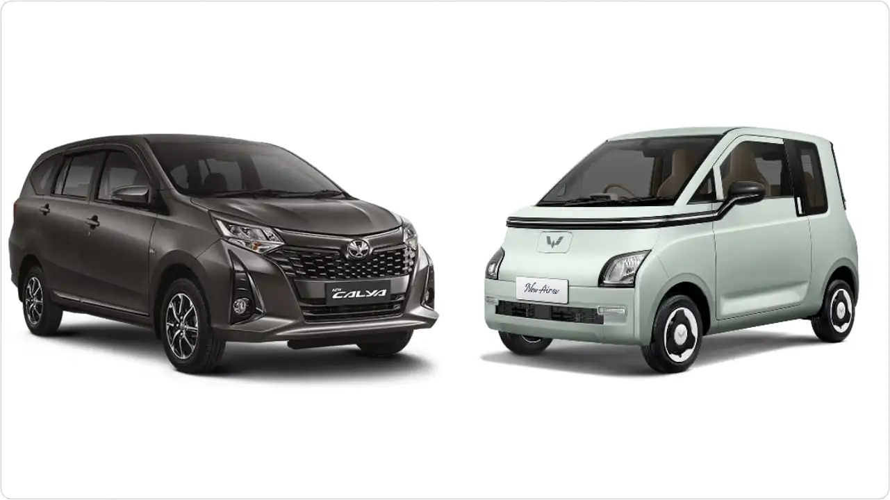 Komparasi Toyota Calya vs Wuling Air ev varian termurah. Dua mobil terjangkau harga mulai Rp170 jutaan. Foto: dok. Wuling dan Toyota