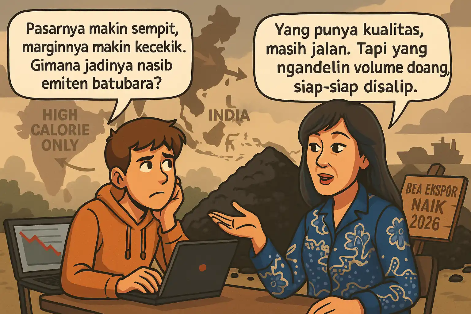Pasar China-India tolak batubara kalori rendah. Emiten dengan spesifikasi tinggi masih punya peluang ekspor dan daya saing. Gambar dibuat oleh AI untuk KabarBur