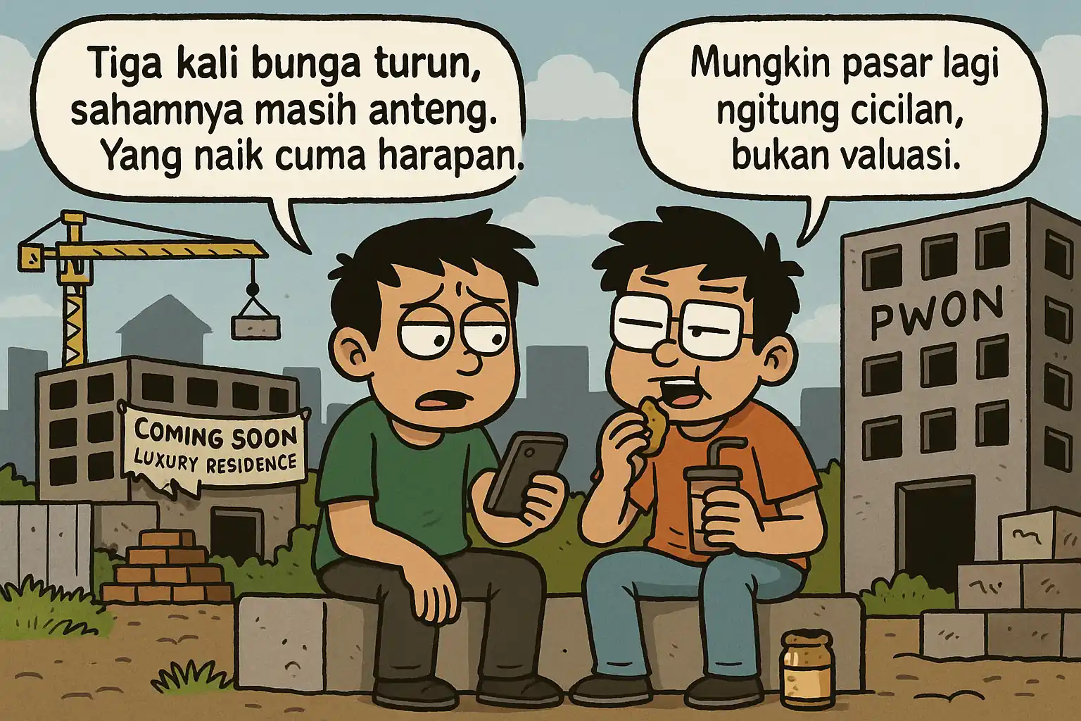 Saham PWON masih tertahan di zona konsolidasi meski BI sudah memangkas suku bunga. Sentimen fiskal dan daya beli jadi kunci lanjutan. Gambar dibuat oleh AI untu