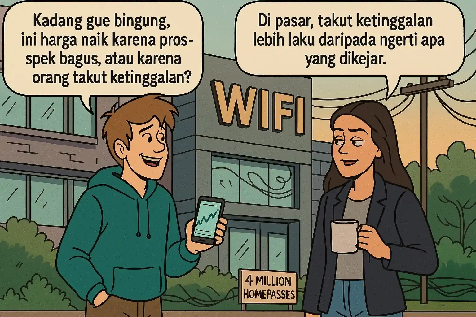 WIFI naik 44 persen dalam sepekan dan capai target riset Rp2.960. Simak analisis teknikal dan fundamentalnya di tengah euforia pasar. Gambar dibuat oleh AI untu