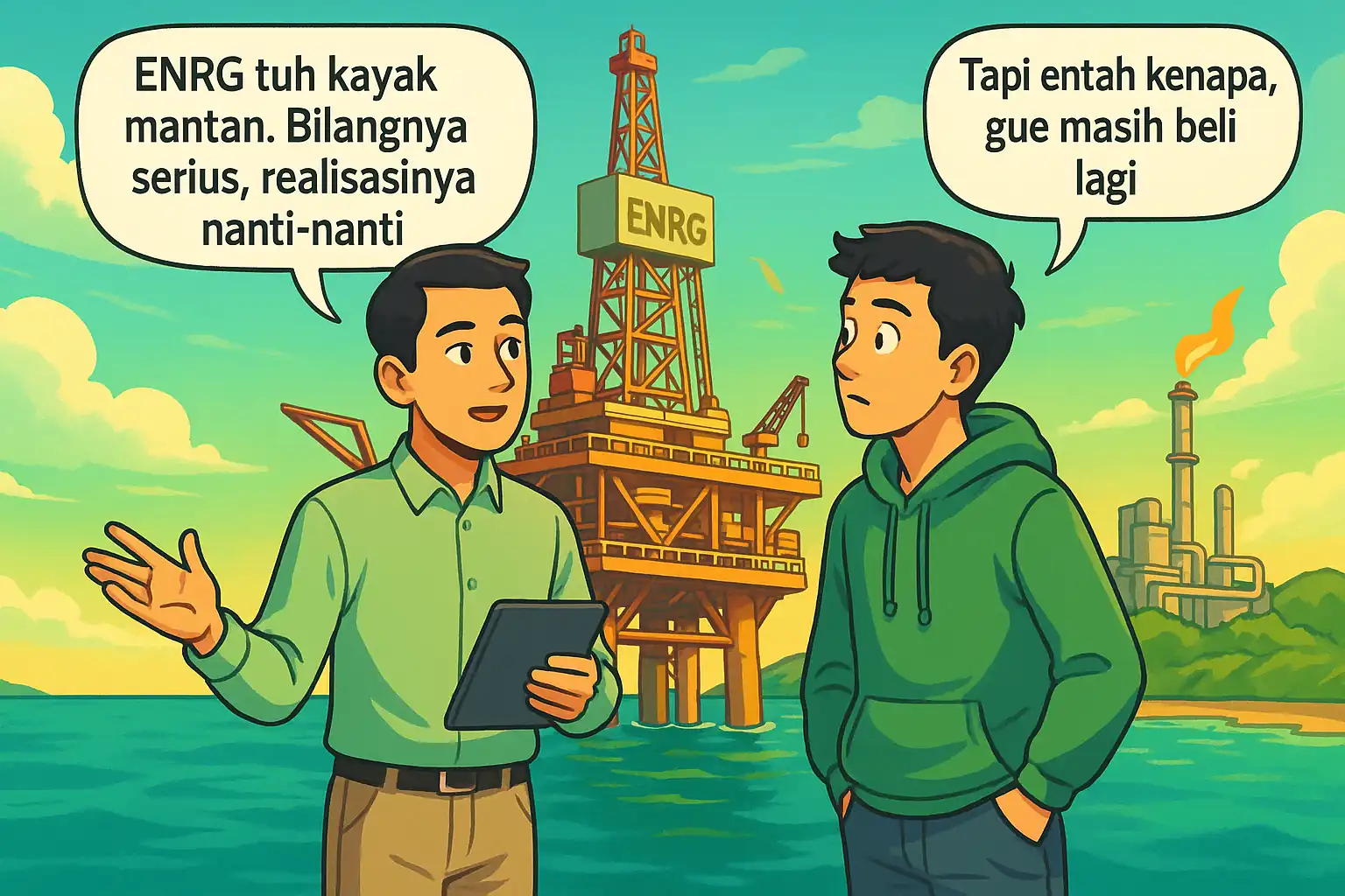 ENRG akuisisi penuh Kangean, lepas 50 persen Gebang, dan siap rights issue untuk Selat Malaka. Strategi energi fosil makin terukur. Gambar dibuat oleh AI untuk