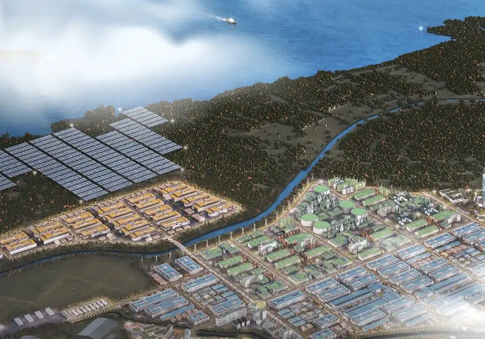Render kawasan Patimban Industrial Estate milik Grup Barito Pacific yang dikelola oleh anak usaha properti mereka, Griya Idola. Terlihat blok industri berjejer di sisi pantai dengan tata letak terintegrasi antara fasilitas manufaktur, utilitas, dan pelabuhan. (Foto: IG @baritopacific.id)
