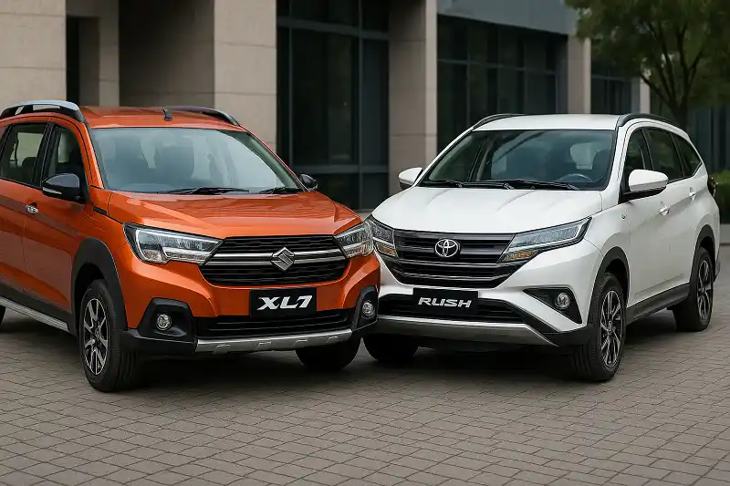 Ilustrasi perbandingan Toyota Rush 1.5 dan Suzuki XL7 1.5. Gambar dibuat oleh AI untuk KabarBursa.com. 