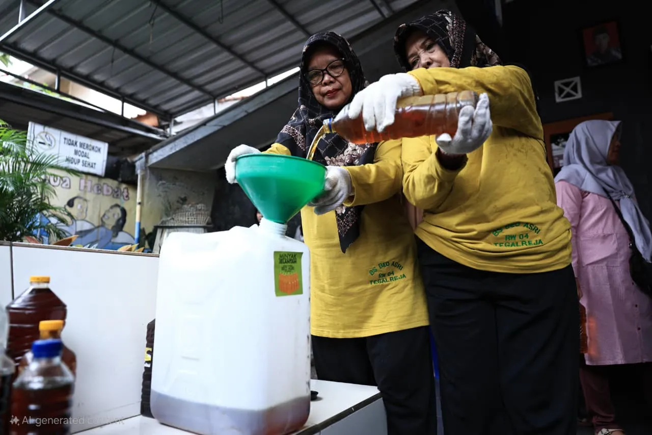 Ibu-ibu Bank Sampah Beo Asri mengumpulkan minyak jelantah untuk diubah menjadi energi. Foto: Pertamina.