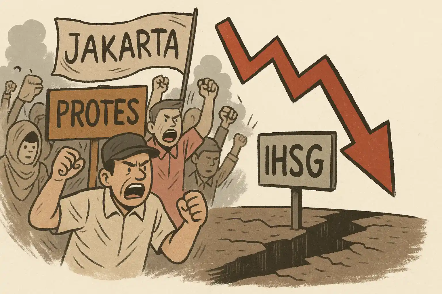 Ilustrasi: Protes (unjuk rasa) di Jakarta dan IHSG turun. Foto: AI untuk KabarBursa.