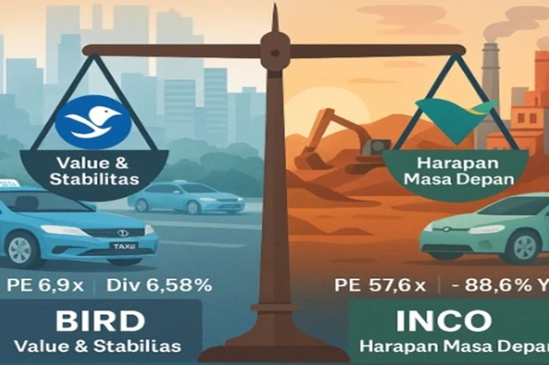 Ilustrasi perbandingan saham BIRD dan INCO. Gambar dibuat oleh AI untuk KabarBursa.com.