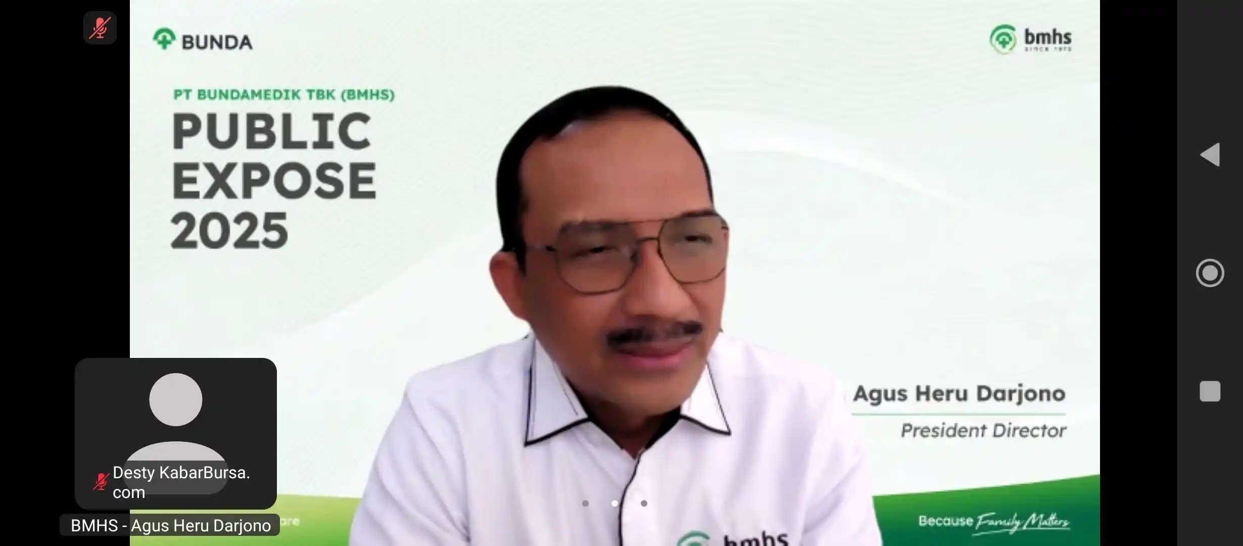 President Director PT Bundamedik Tbk, Agus Heru Darjono saat memaparkan materi public ekspose secara daring.