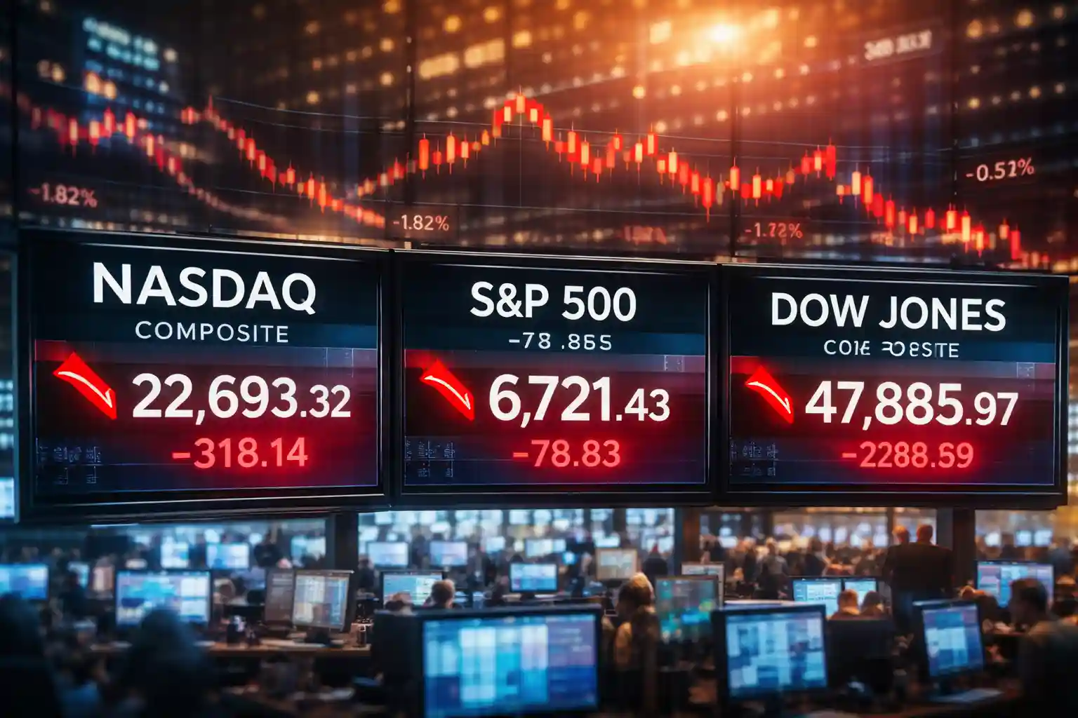 Ilustrasi pergerakan Nasdaq Composite, S&P 500, serta Dow Jones di Wall Street. Foto: AI untuk KabarBursa.
