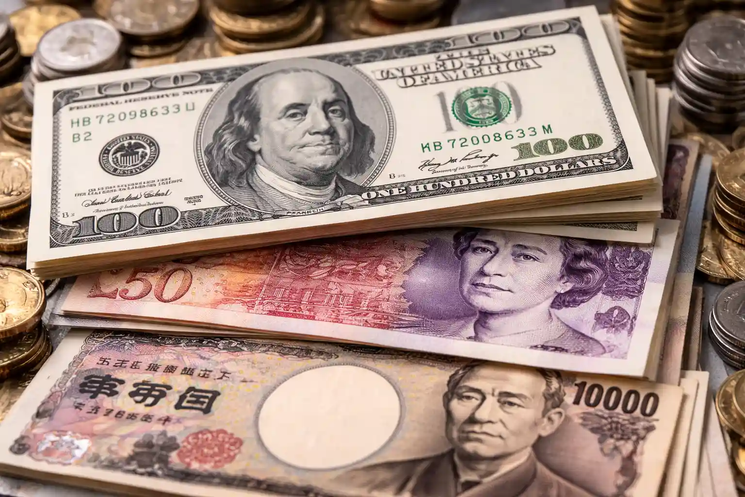 Ilustrasi dolar AS. yen Jepang, dan pound sterling. Foto: AI untuk KabarBursa.