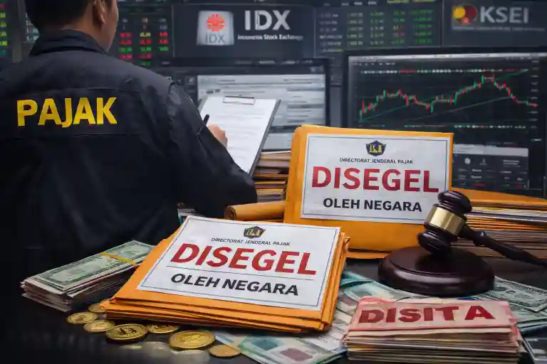 Ilustrasi penyitaan yang dilakukan oleh DJP terhadap aset saham yang dimiliki penunggak pajak. Foto: AI untuk KabarBursa.