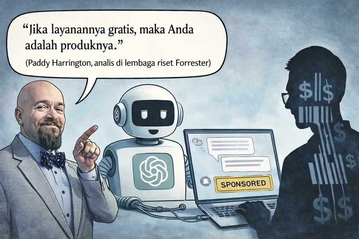 ChatGPT akan menampilkan iklan bagi pengguna gratis. OpenAI mencari sumber pendapatan baru di tengah lonjakan pengguna dan beban biaya AI. (Gambar dibuat oleh AI dan dikurasi oleh KabarBursa.com).