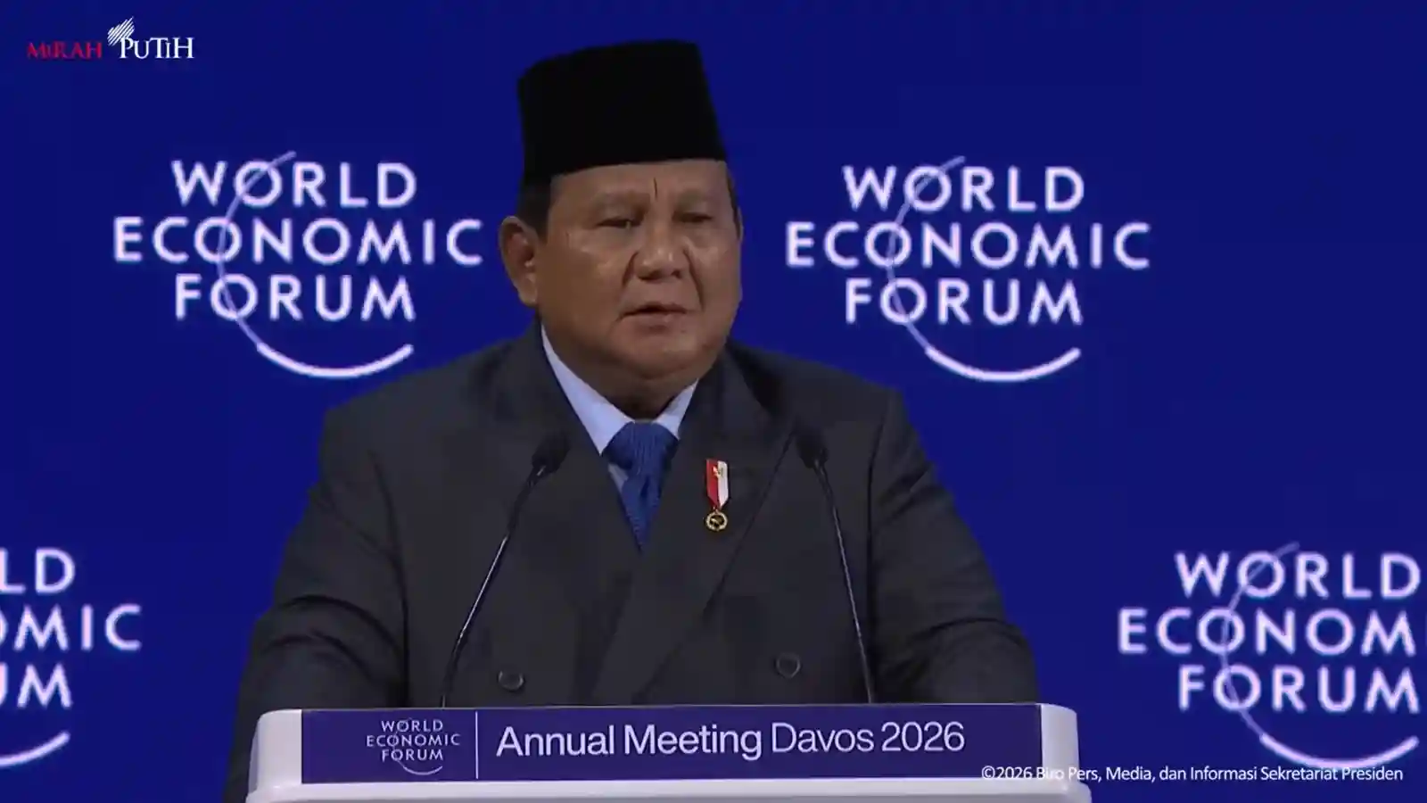 Presiden Prabowo Subianto saat berpidato di WEF, yang diselenggarakan di Davos, Swiss, Kamis, 22 Januari 2026. Foto: Istimewa.